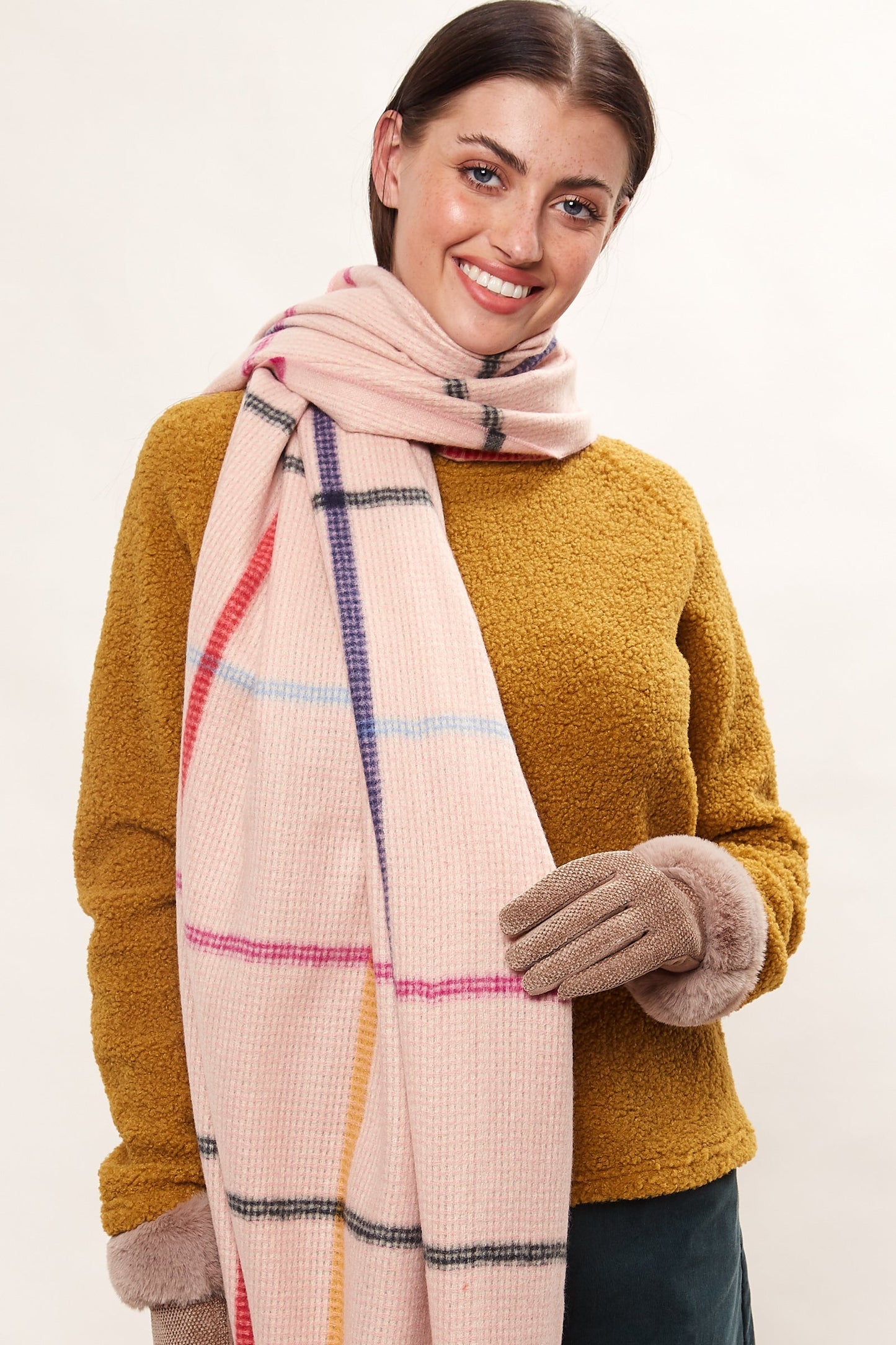 Louche Aoife Fluffy Warm Handle Woven Check Scarf With Tassels - Pink