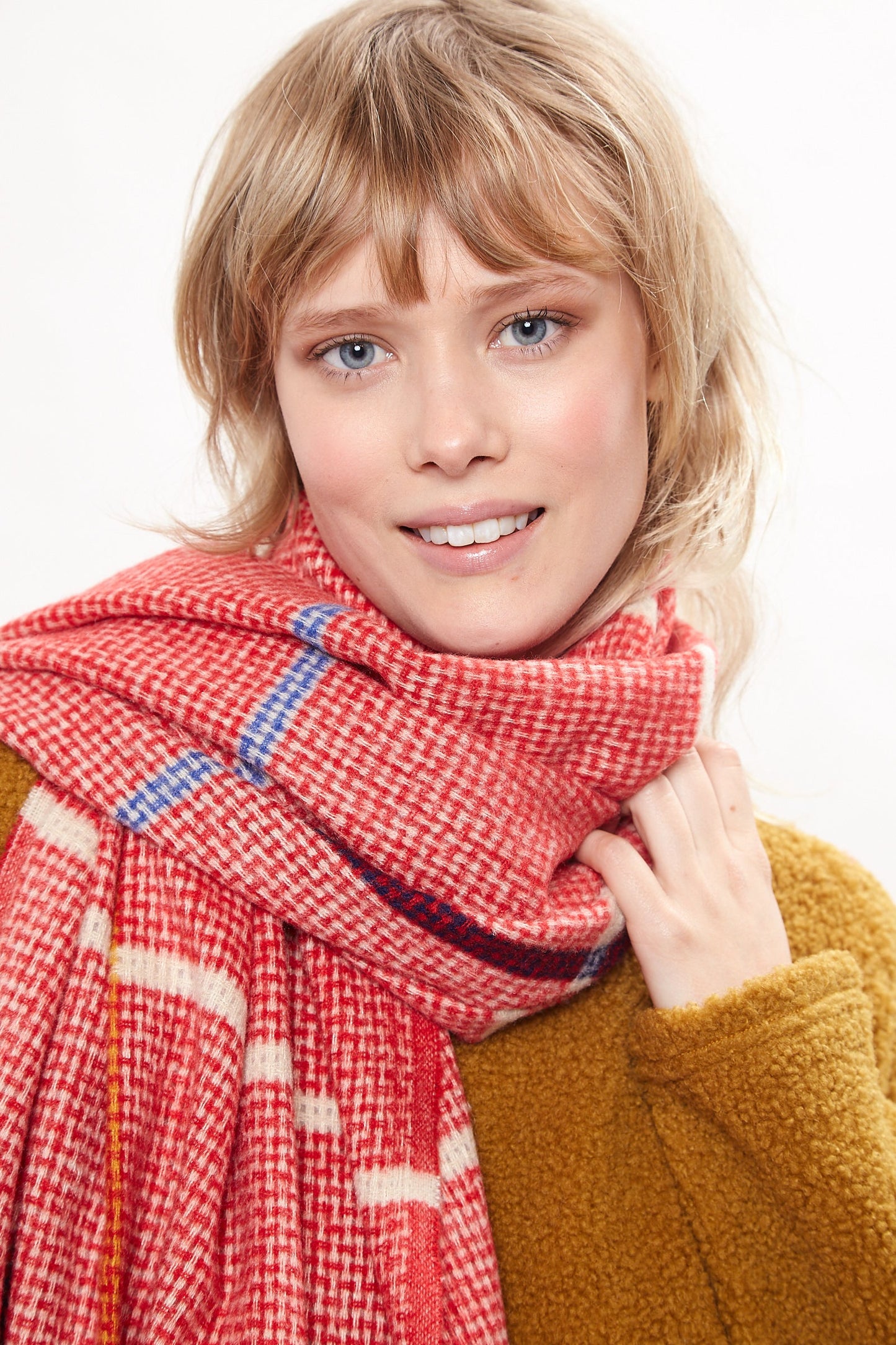 Louche Aoife Fluffy Warm Handle Woven Check Scarf With Tassels - Red