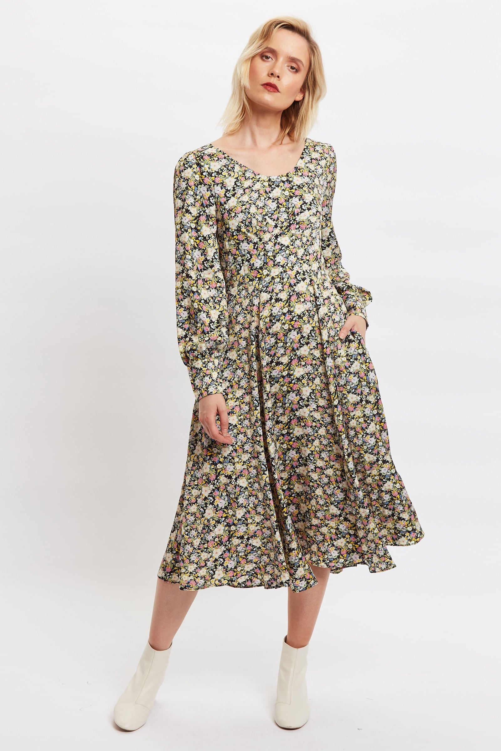 Louche Arwen Petal Parade Print V Back Midi Dress Louche Arwen Petal Parade Print V Back Midi Dress