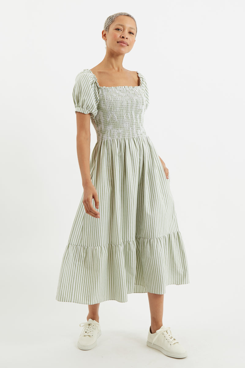 Babette Sail Stripe Shirred Bodice Midi Dress Green - Front