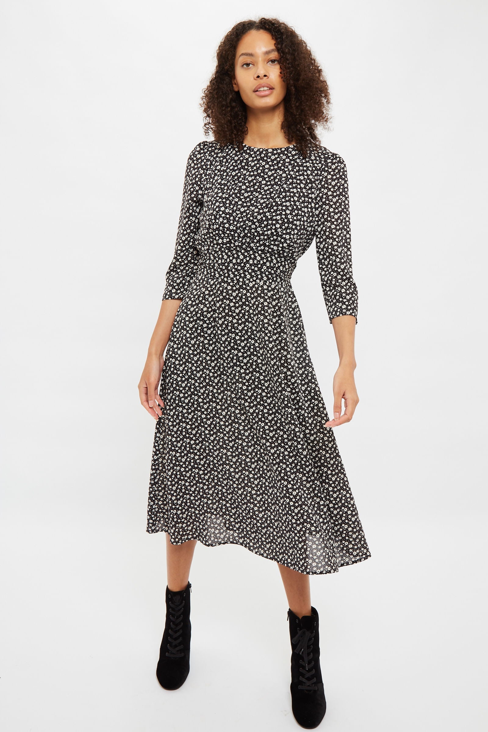 Birte Flower Spot Print Long Sleeve Midi Dress