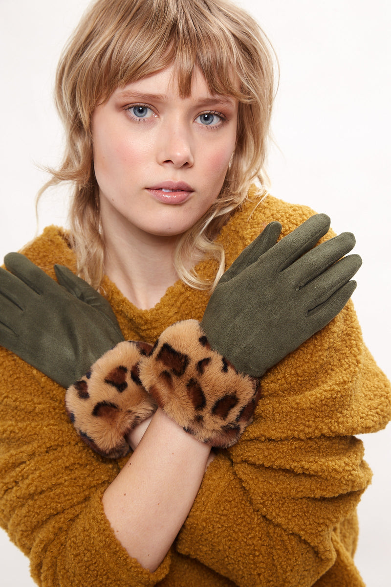 Louche Cadhla Faux Suede And Fur Cuffed Touch Screen Gloves - Green - Front