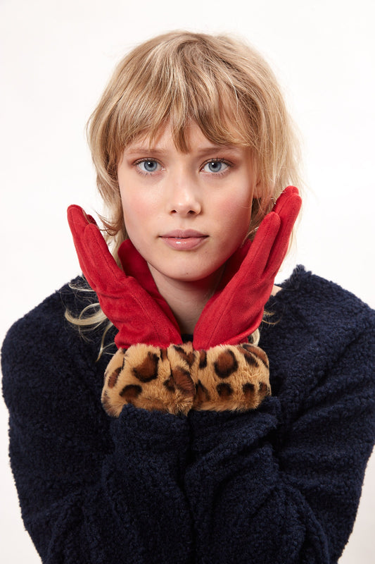 Louche Cadhla Faux Suede And Fur Cuffed Touch Screen Gloves - Red