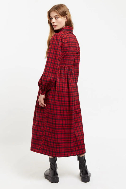 Louche Cailin Winter Gingham Midi Shirt Dress in Red and Black