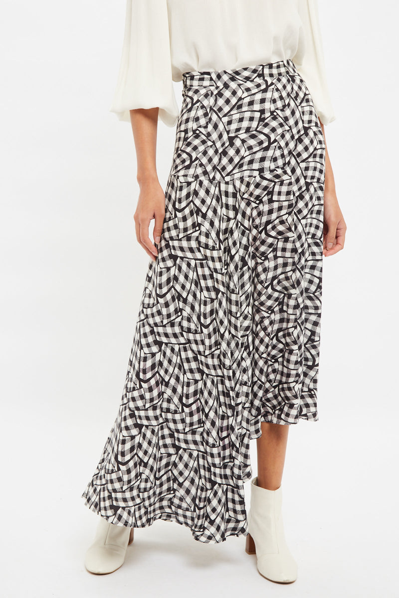 Louche Carole Gingham Twist Print Asymmetric Midi Skirt - Front