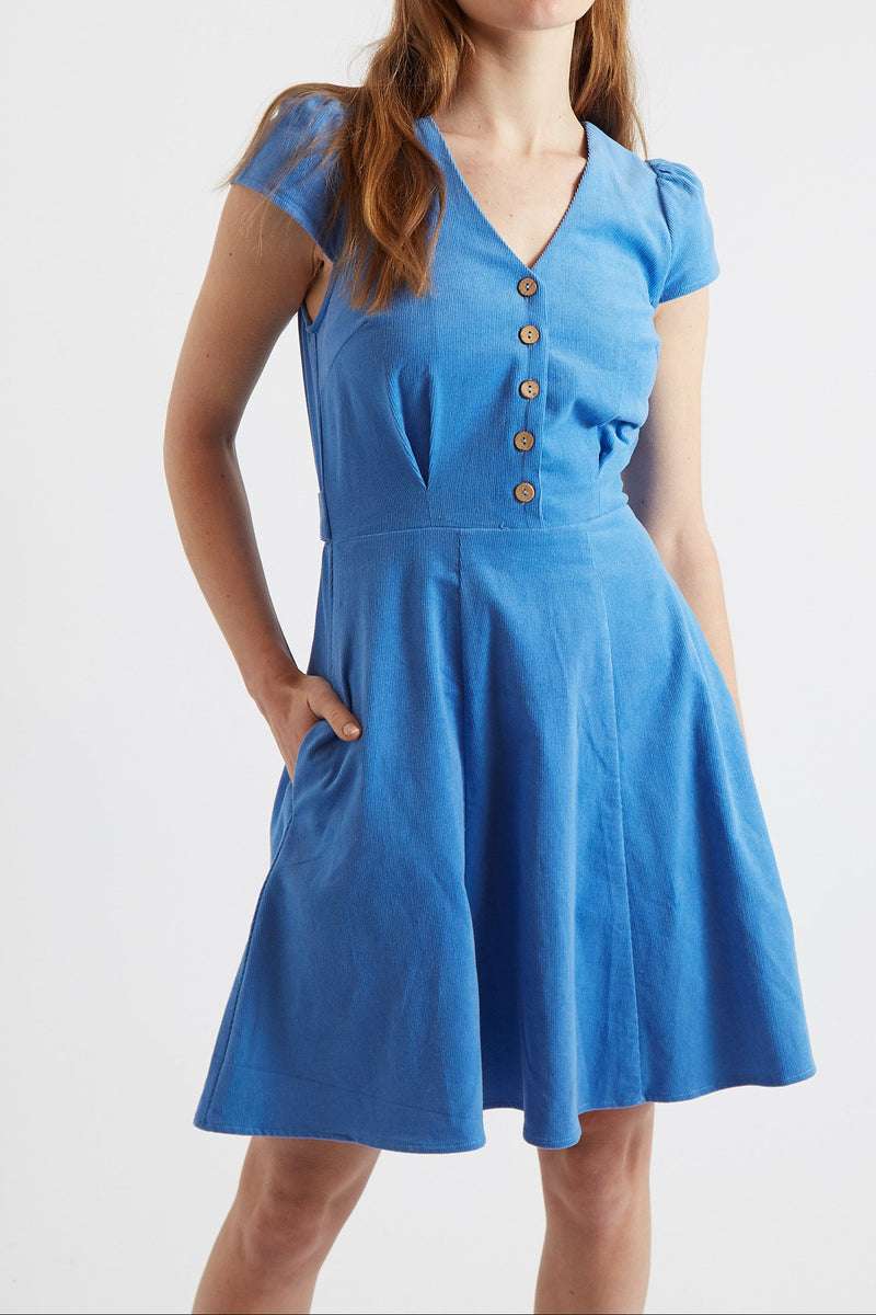 Louche Cathleen Blue Mini Baby Cord Tea Dress - Front