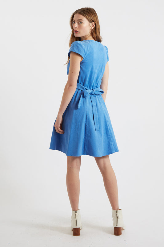 Louche Cathleen Blue Mini Baby Cord Tea Dress