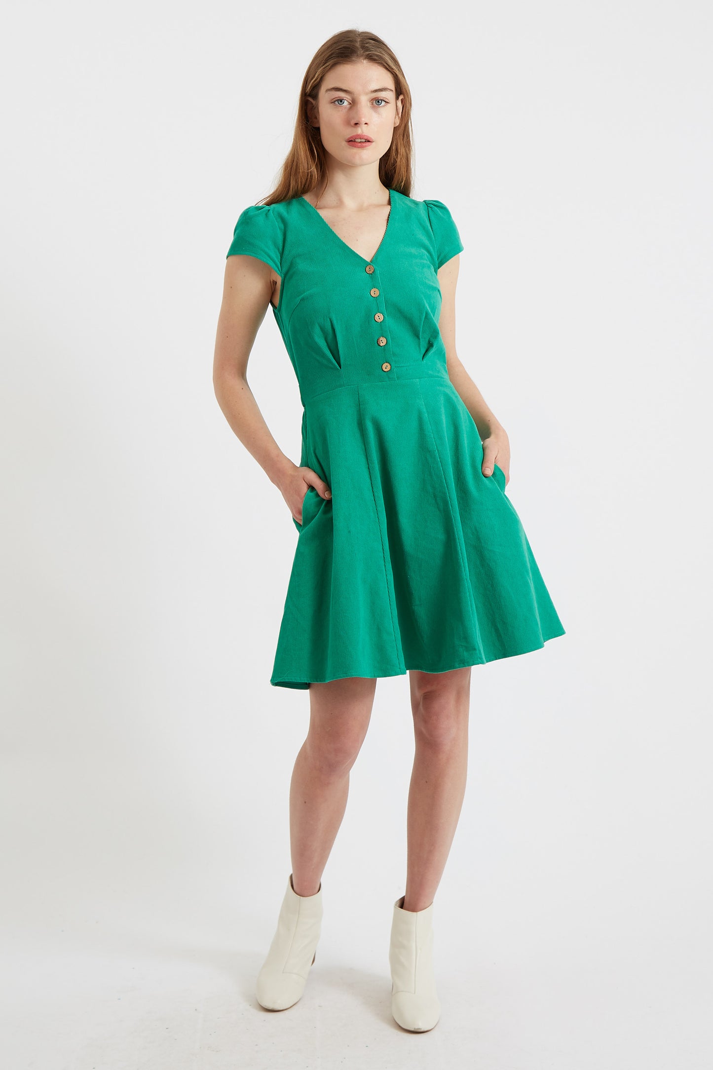 Louche Cathleen Green Mini Baby Cord Tea Dress