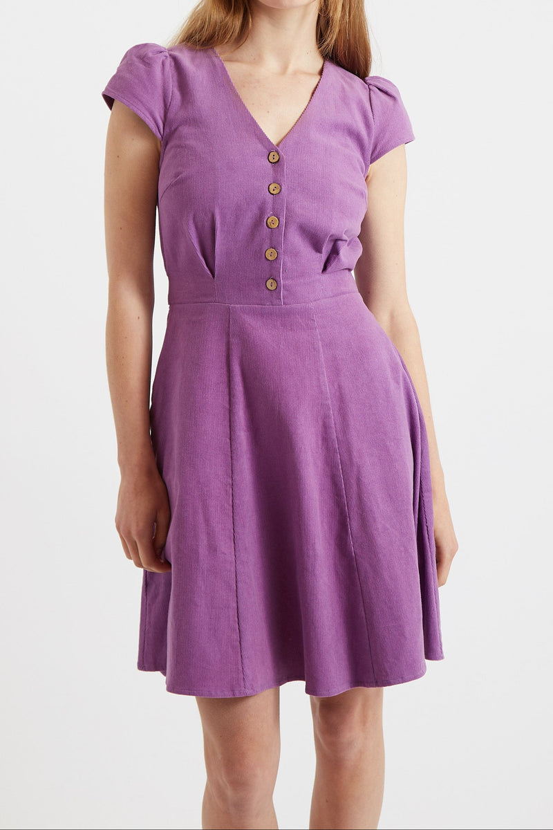 Louche Cathleen Lilac Mini Baby Cord Tea Dress - Front