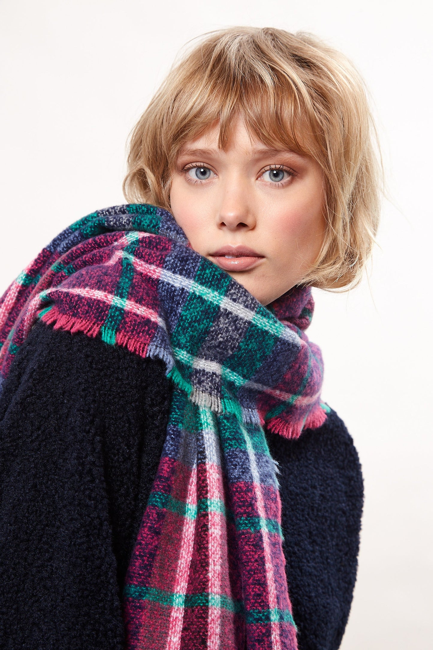 Louche Clodagh Warm Handle Checked Scarf With Fringed Edge - Navy