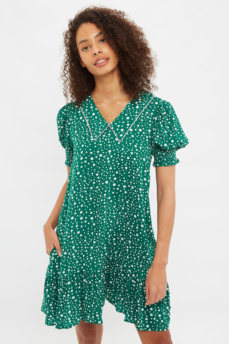 Louche Cora Spot It Print Statement Collar Short Sleeve Mini Dress - Front