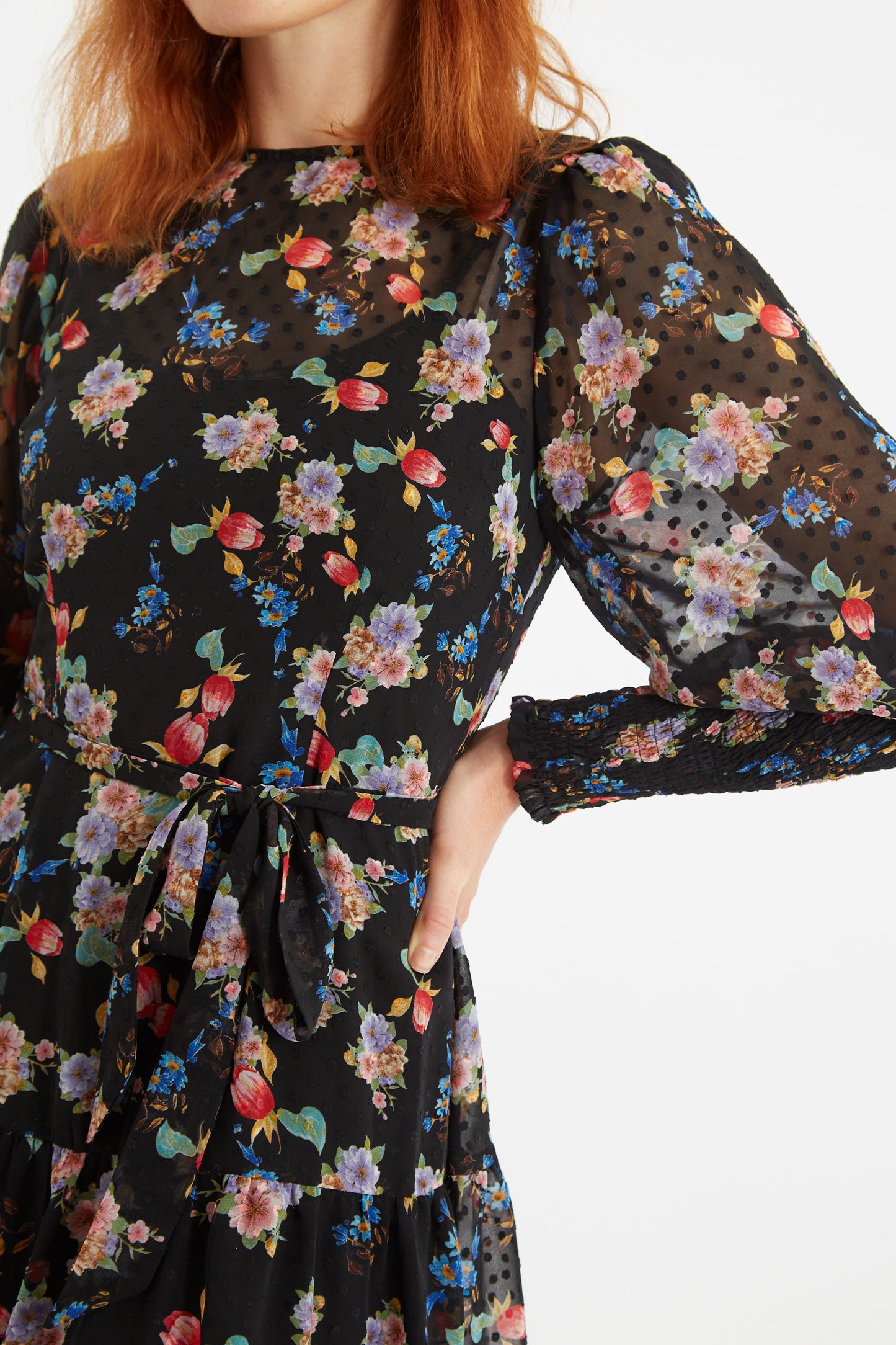 Louche Daphne Carpathian Florals Print Shirred Cuff Tie Waist Mini Dress
