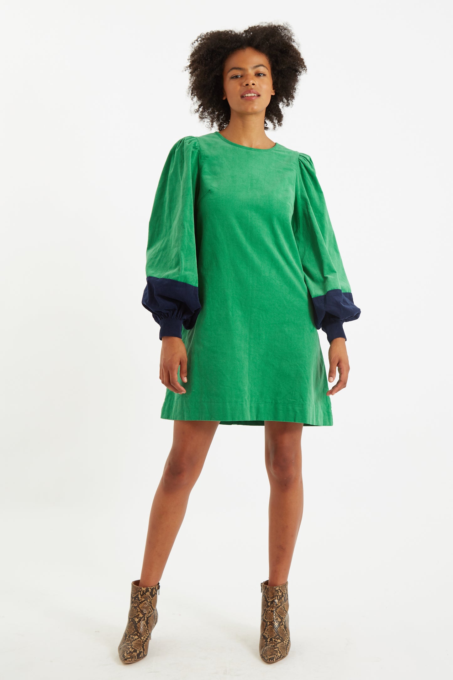 Louche Dixi Green Babycord Long Sleeve Mini Dress