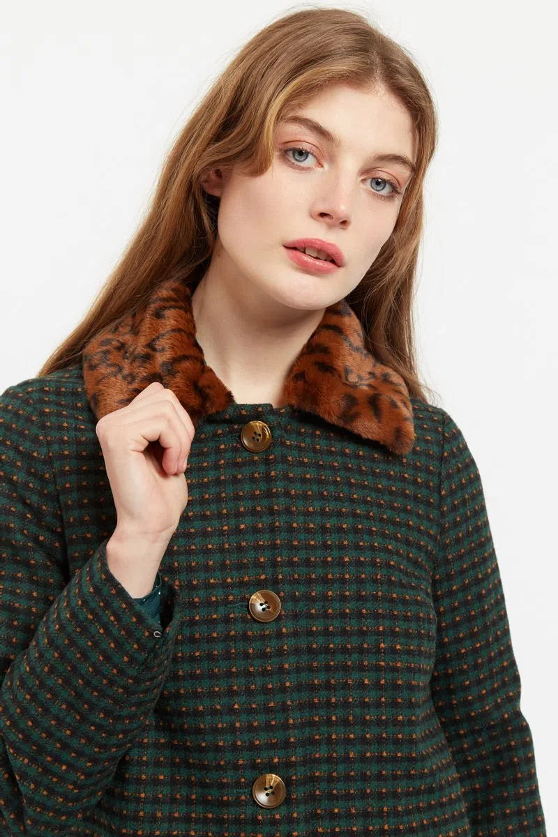 Louche Dryden  Cottage Check Faux Fur Collar A Line Coat Green