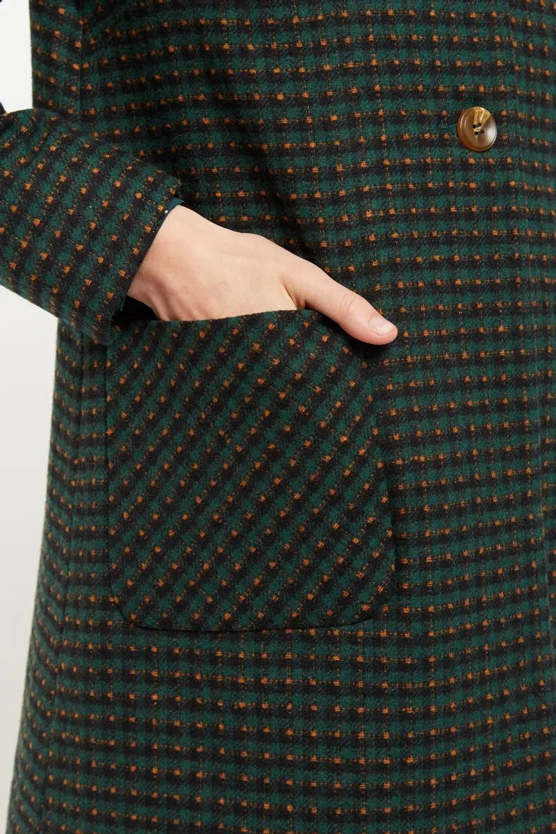 Louche Dryden  Cottage Check Faux Fur Collar A Line Coat Green