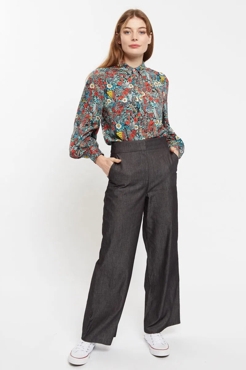 Louche Elina Chambray Straight Cut Trouser In Black