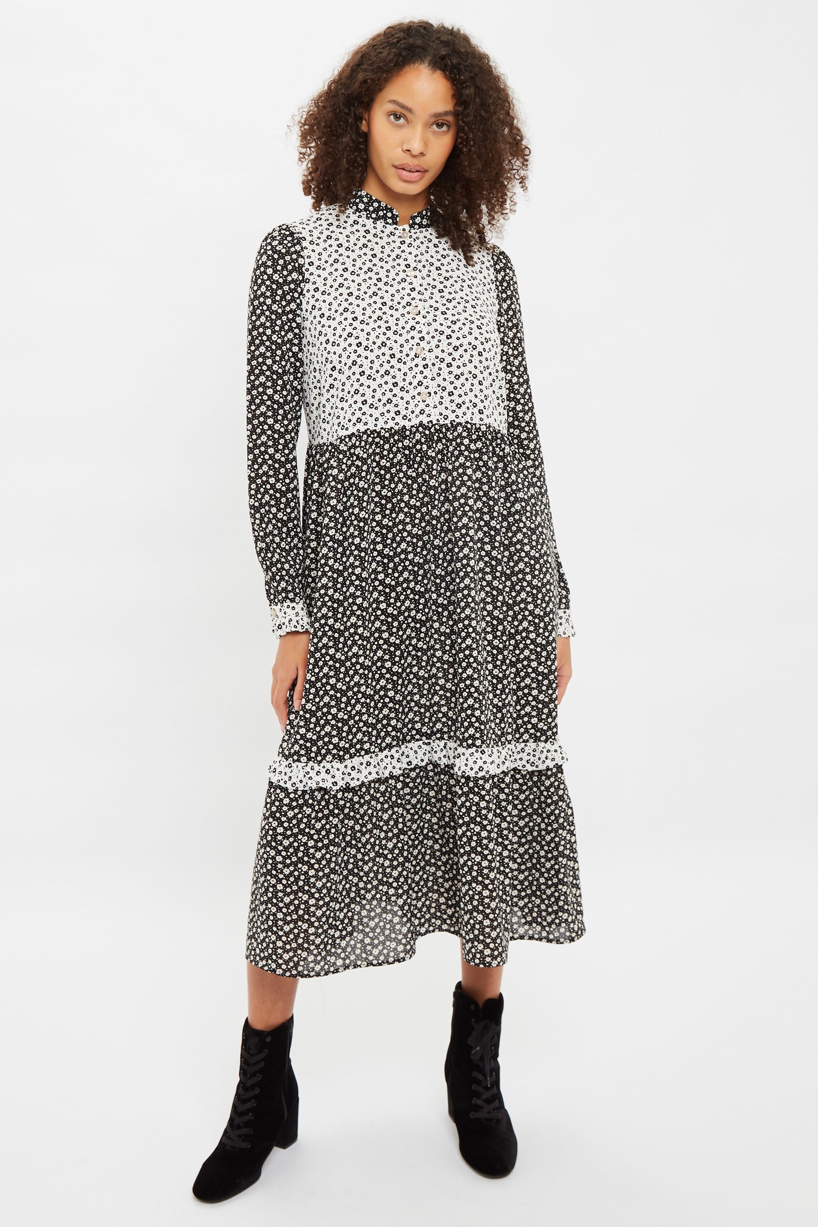 Elsie Flower Spot Print Mix Match Long Sleeve Tie Midi Dress
