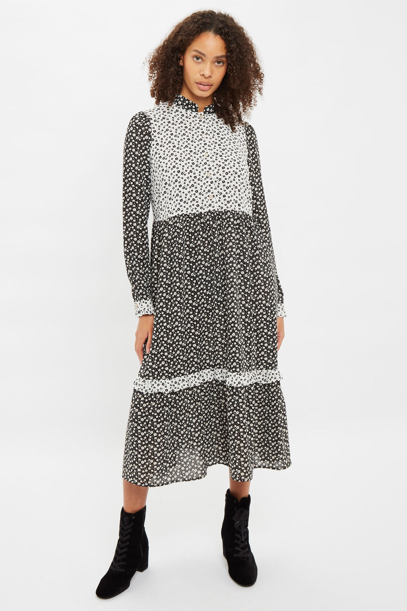 Louche Elsie Flower Spot Print Mix And Match Long Sleeve Tie Midi Dress - Front