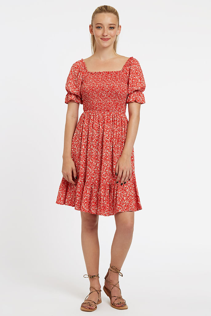 Emeline Shrubbery Print Smocked Bodice Puff Sleeve Mini Dress