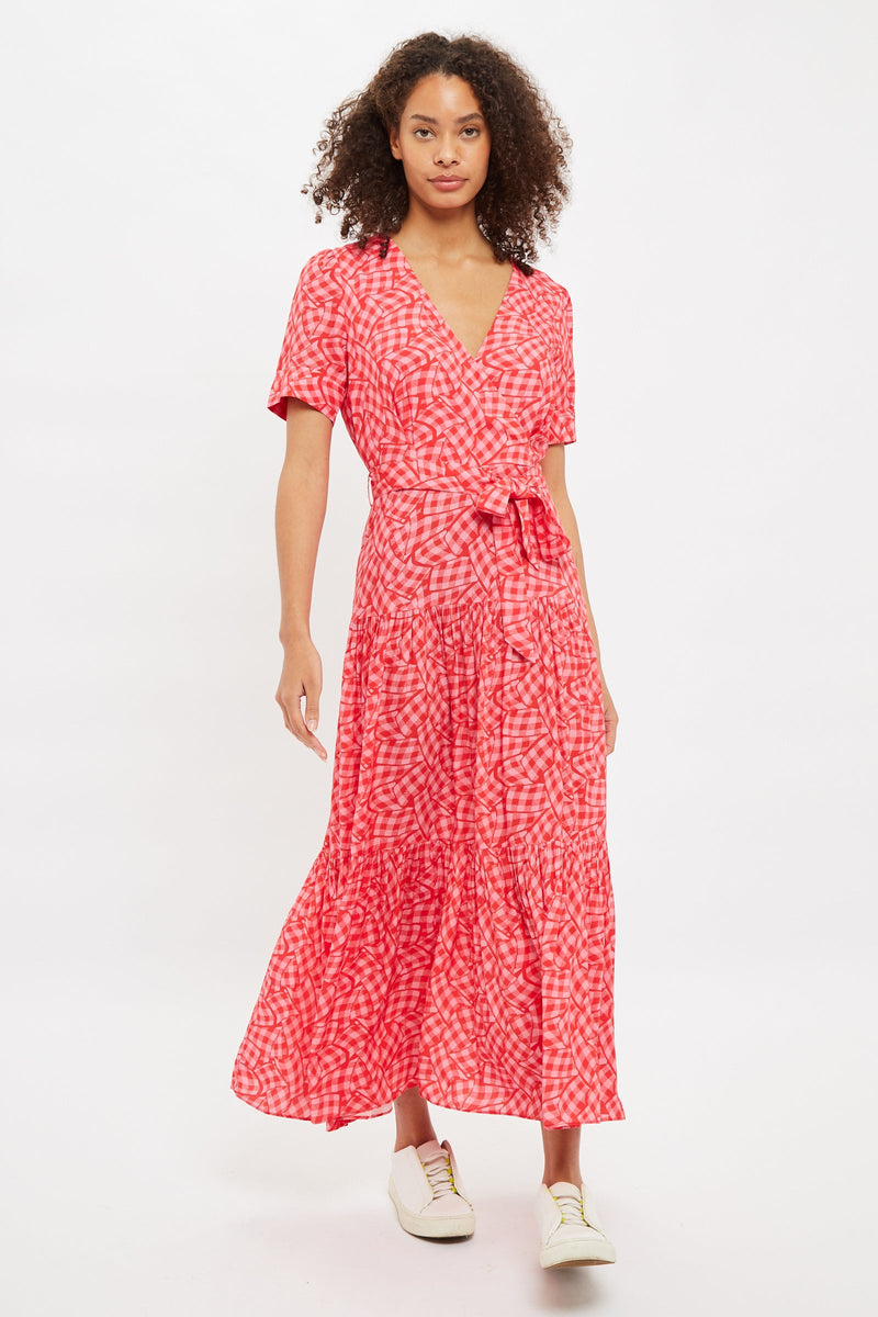 Louche Emin Gingham Twist Print Tiered Short Sleeve Midi Dress - Front