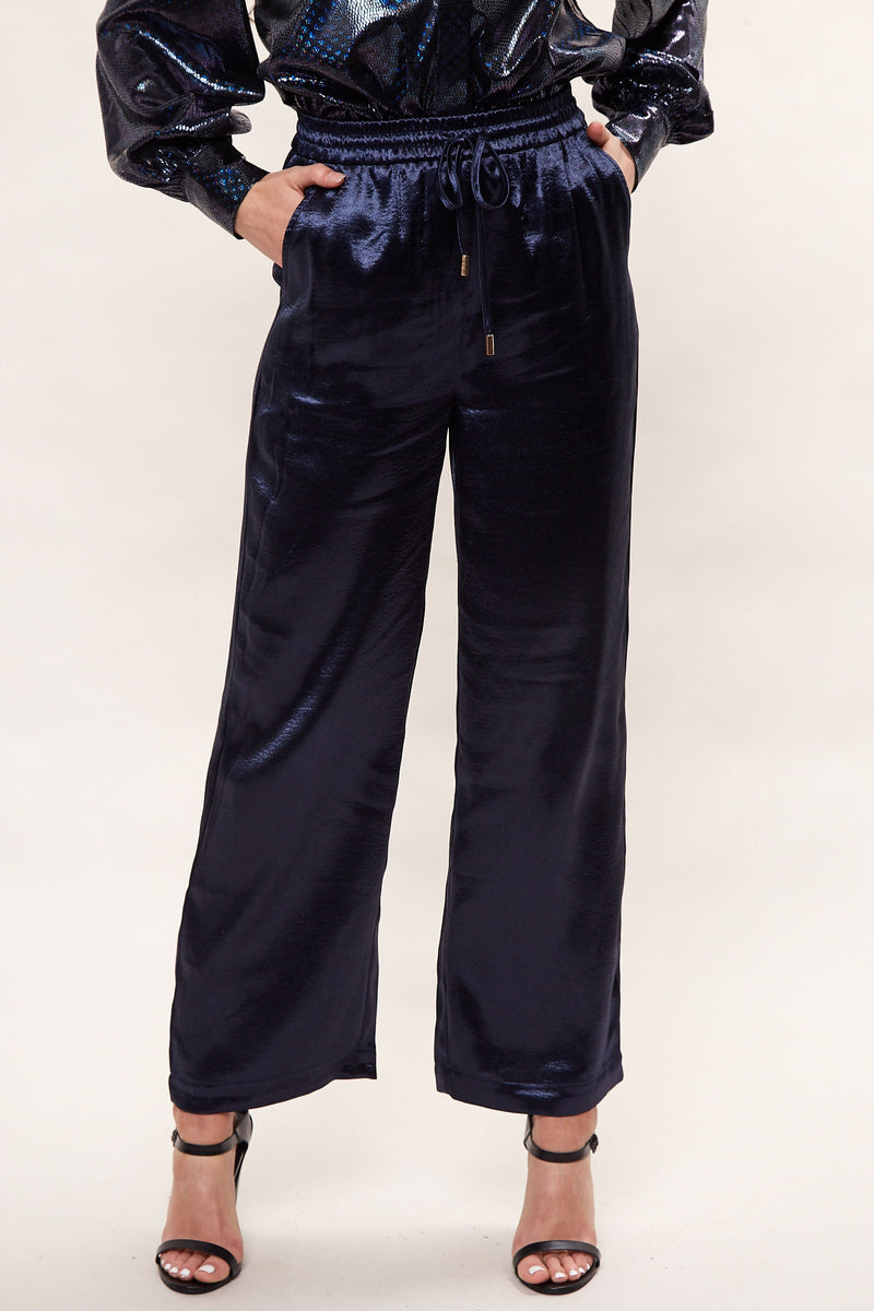 Louche Satin Emmanuella Pull On Trouser - Navy - Front