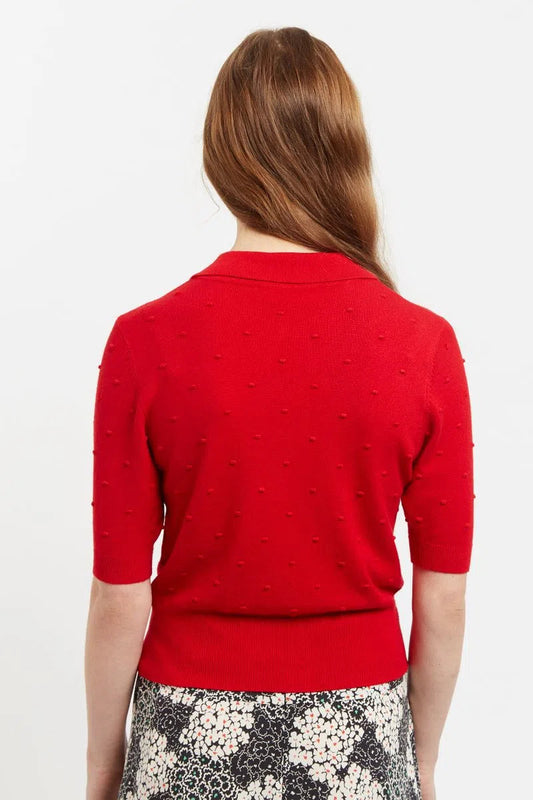 Louche Josephina Raindrops Textured Short Sleeve Collared Sweater Red