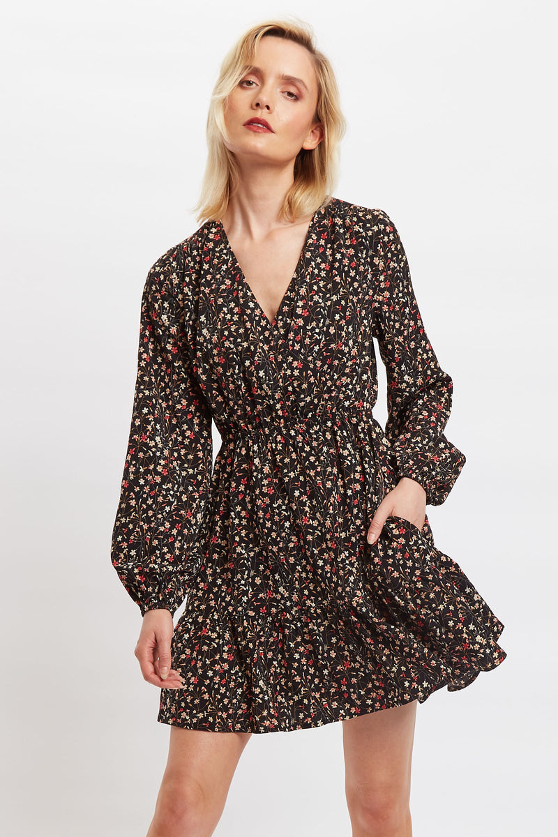 Louche Giovanna Wax Flower Print Long Sleeved Tie Mini Dress - Front