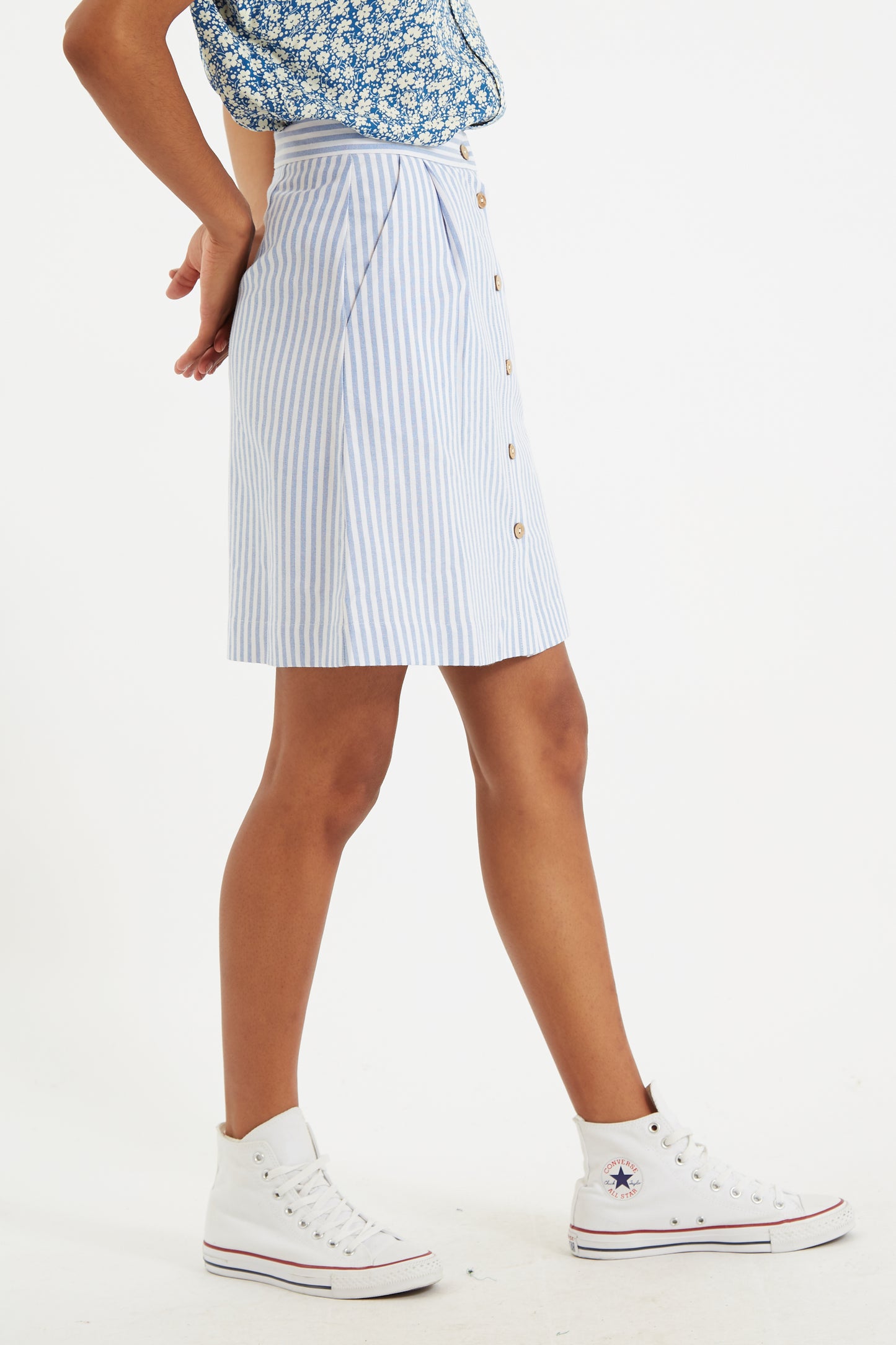Hela Sail Stripe Button Through A-Line Mini Skirt Blue