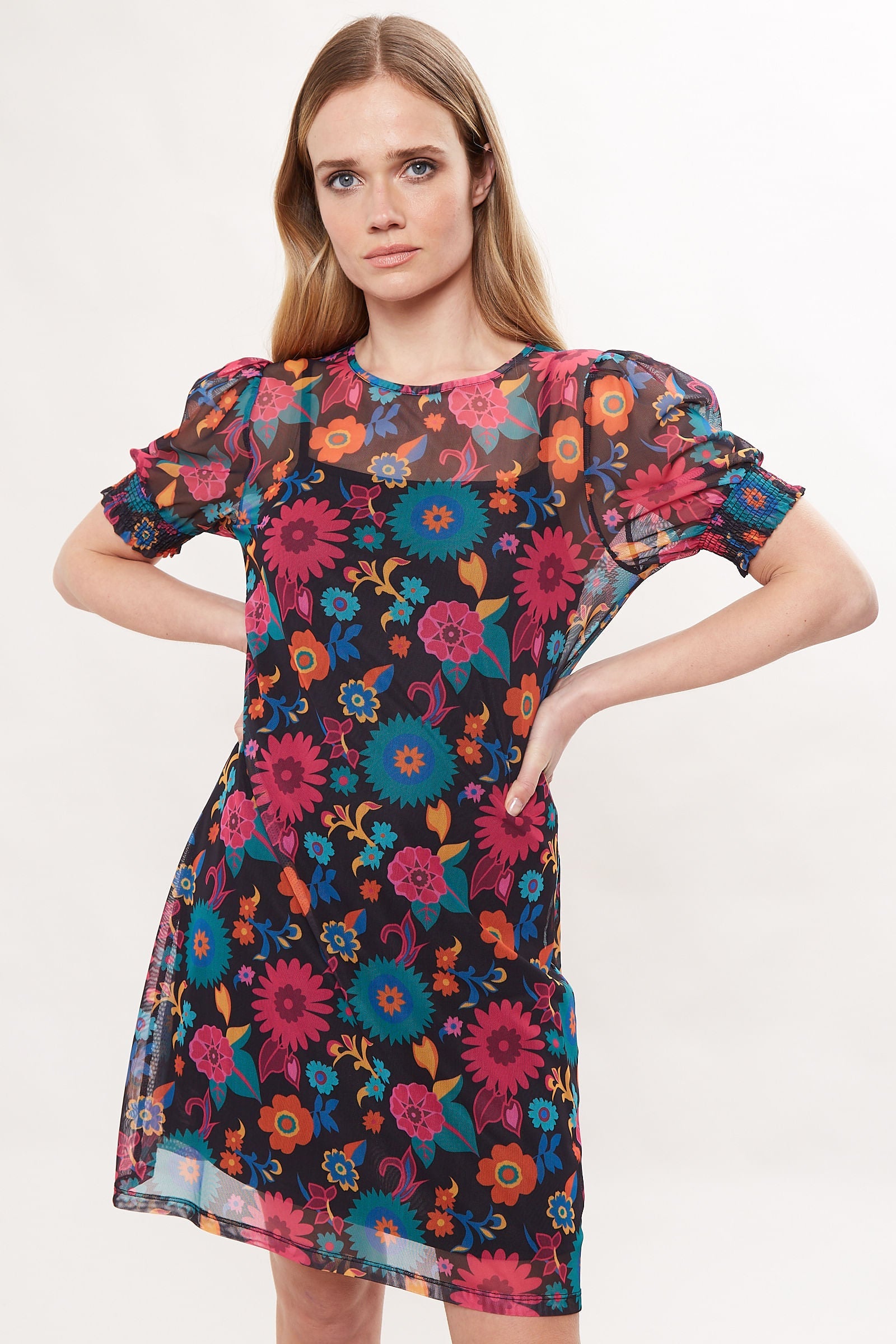 Hettie 70S Floral Print Mesh Mini Dress