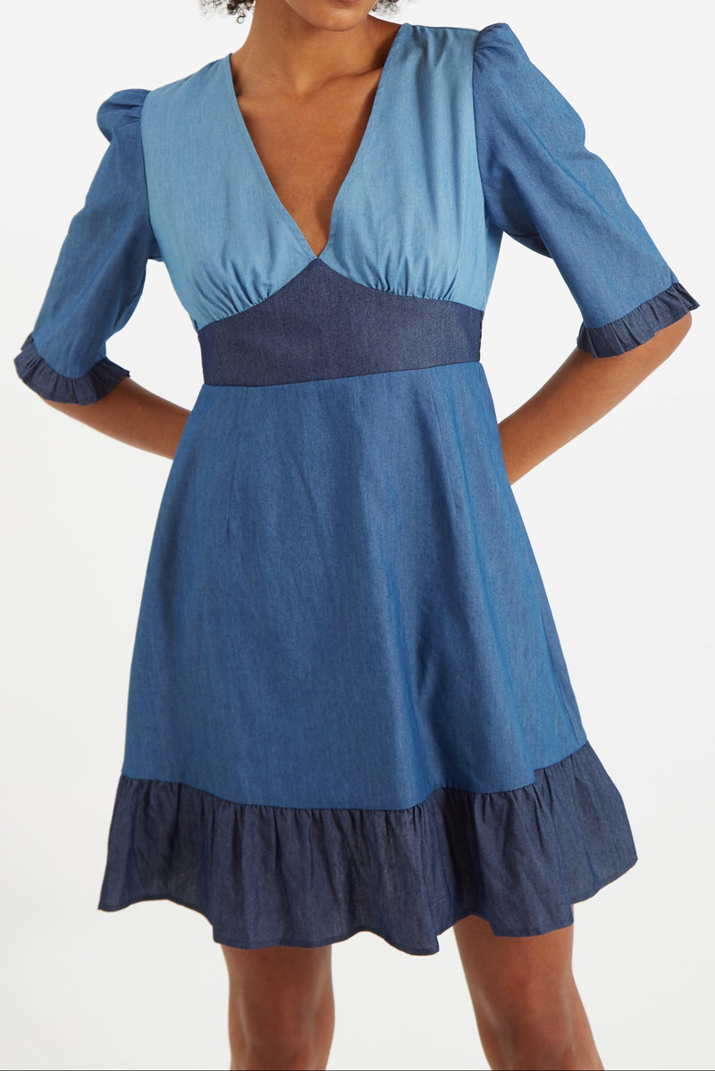 Honie Double Denim V-Neck Mini Dress - Front