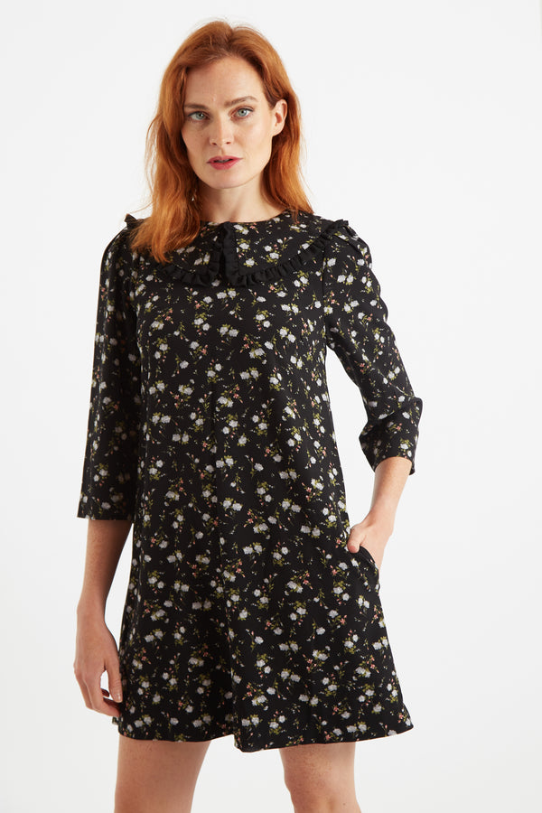 Jeanine Slavic Flowers Print Statement Collar Mini Dress