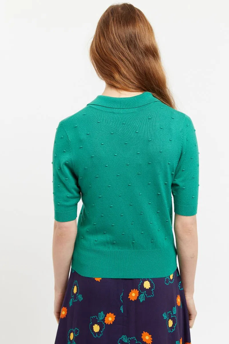 Louche Josephina Raindrops Textured Short Sleeve Collared Sweater Green