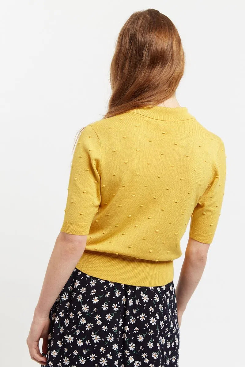 Louche Josephina Raindrops Textured Short Sleeve Collared Sweater Mustard