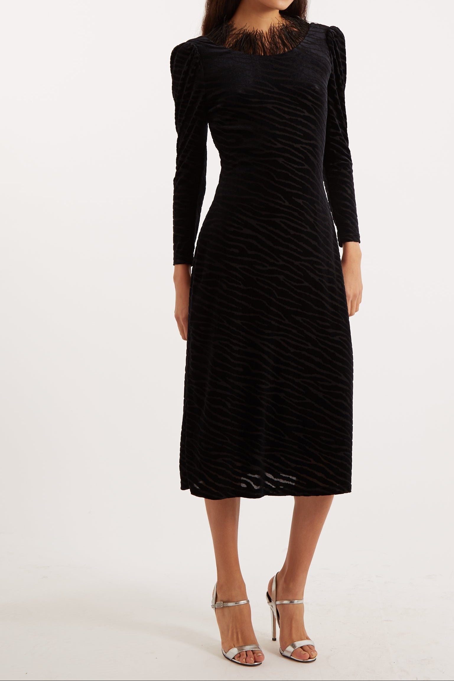 Krystel Zebra Devore Feather Trim Midi Dress