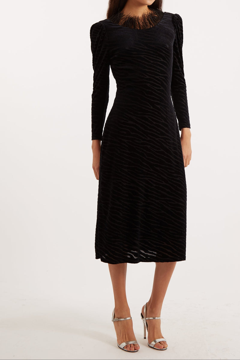 Louche Krystel Zebra Devore Feather Trim Midi Dress Black - Front