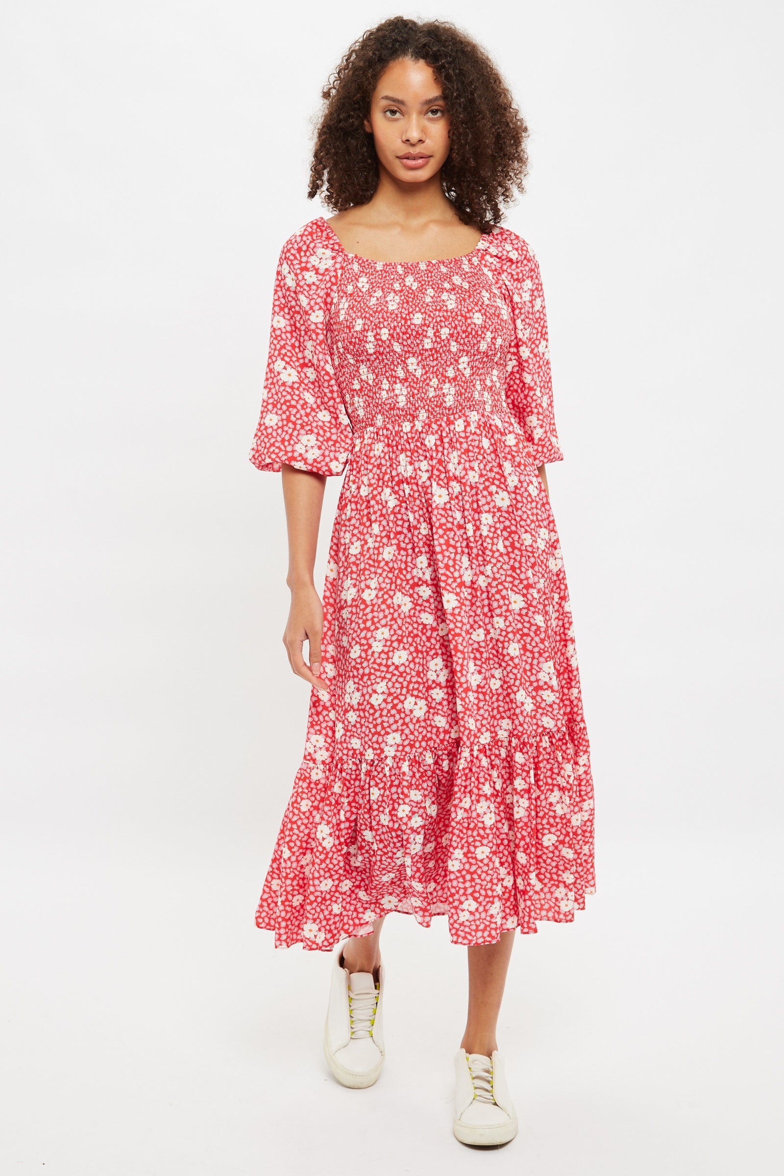 Loe Roaring Daisy Print Shirred Bodice Midi Dress