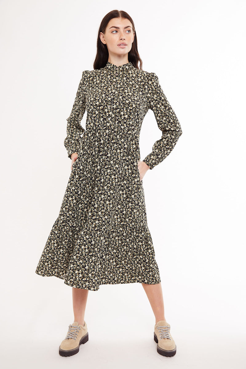 Macha Winter Garden Print Long Sleeved Tie Midi Dress - Front