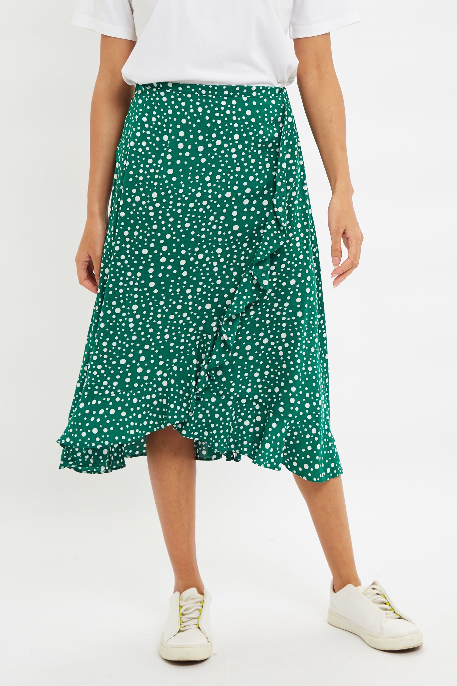 Mara Spot It Print Ruffle Hem Wrap Midi Skirt