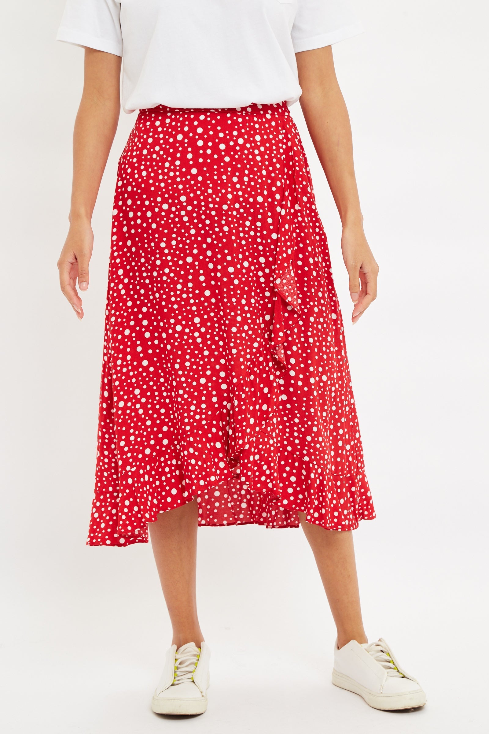 Mara Spot It Print Ruffle Hem Wrap Midi Skirt