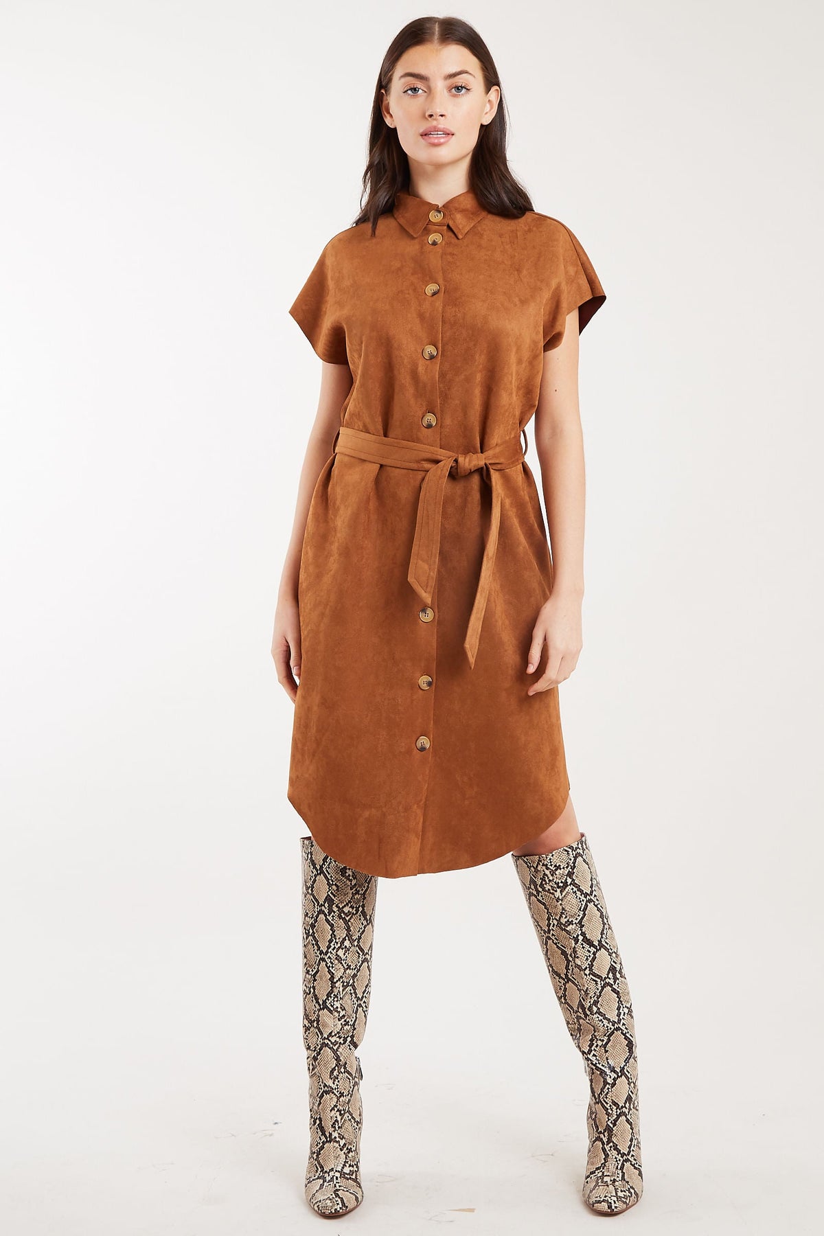 Melike Faux Suede Midi Shirt Dress