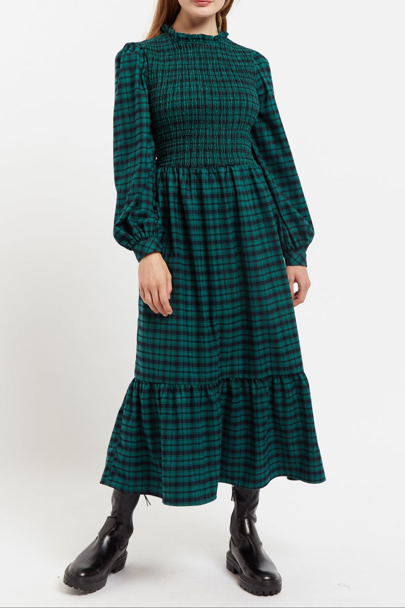 Louche Peppi Winter Gingham Midi Dress Green