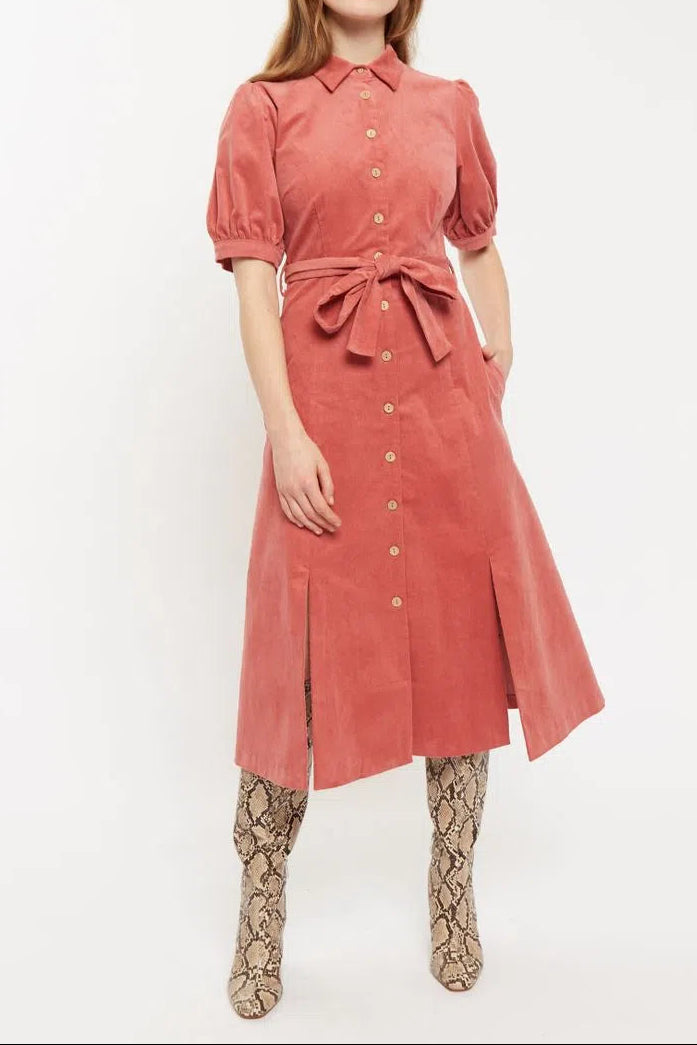 Mollie Cord Puff Sleeve Midi Shirtdress Blush Pink