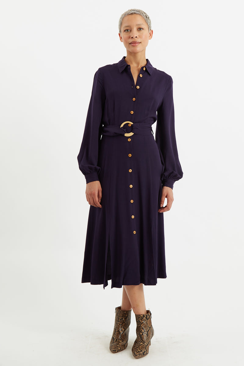 Rebecka Twill Long Sleeve Midi Dress - Front