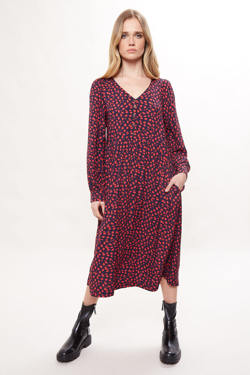 Louche Rheane Gingham Twist Print Long Sleeve V Neck Midi Dress - Front