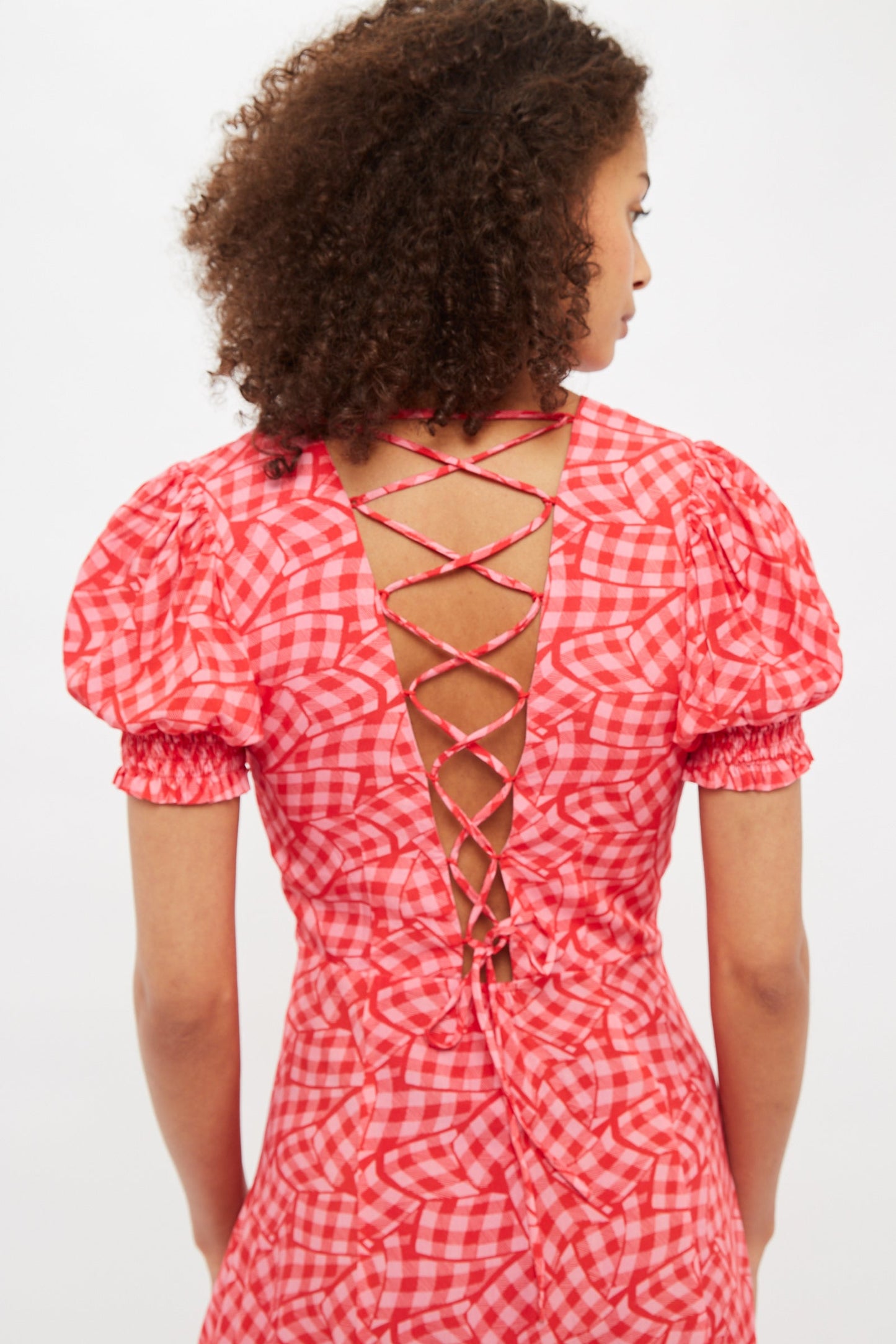 Louche Romola Gingham Twist Print Laced Back Short Sleeve Midi Dress