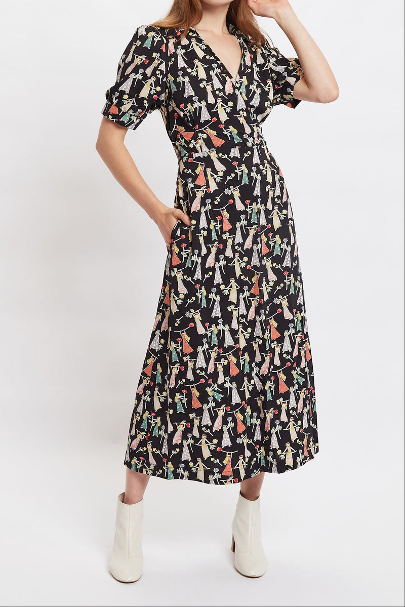 Louche Sakani Flower Girl Print Short Sleeve Midi Dress - Front
