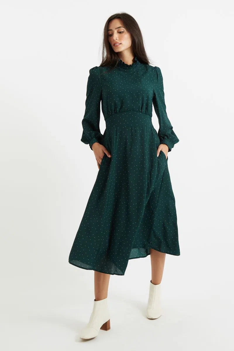 Louche Sorrel Micro Dot Long Sleeve Midi Dress in Green - Front