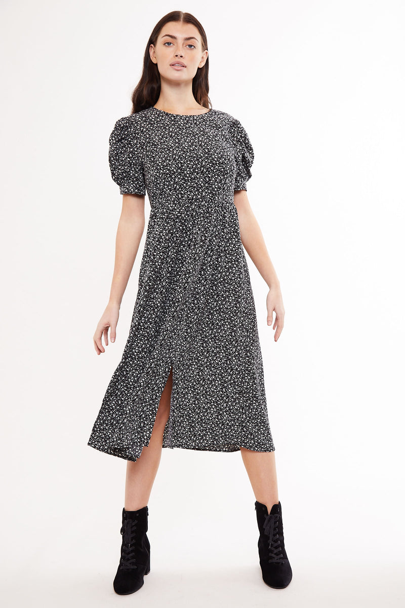 Louche Stasia Night Flower Print Statement Sleeve Midi Dress - Front