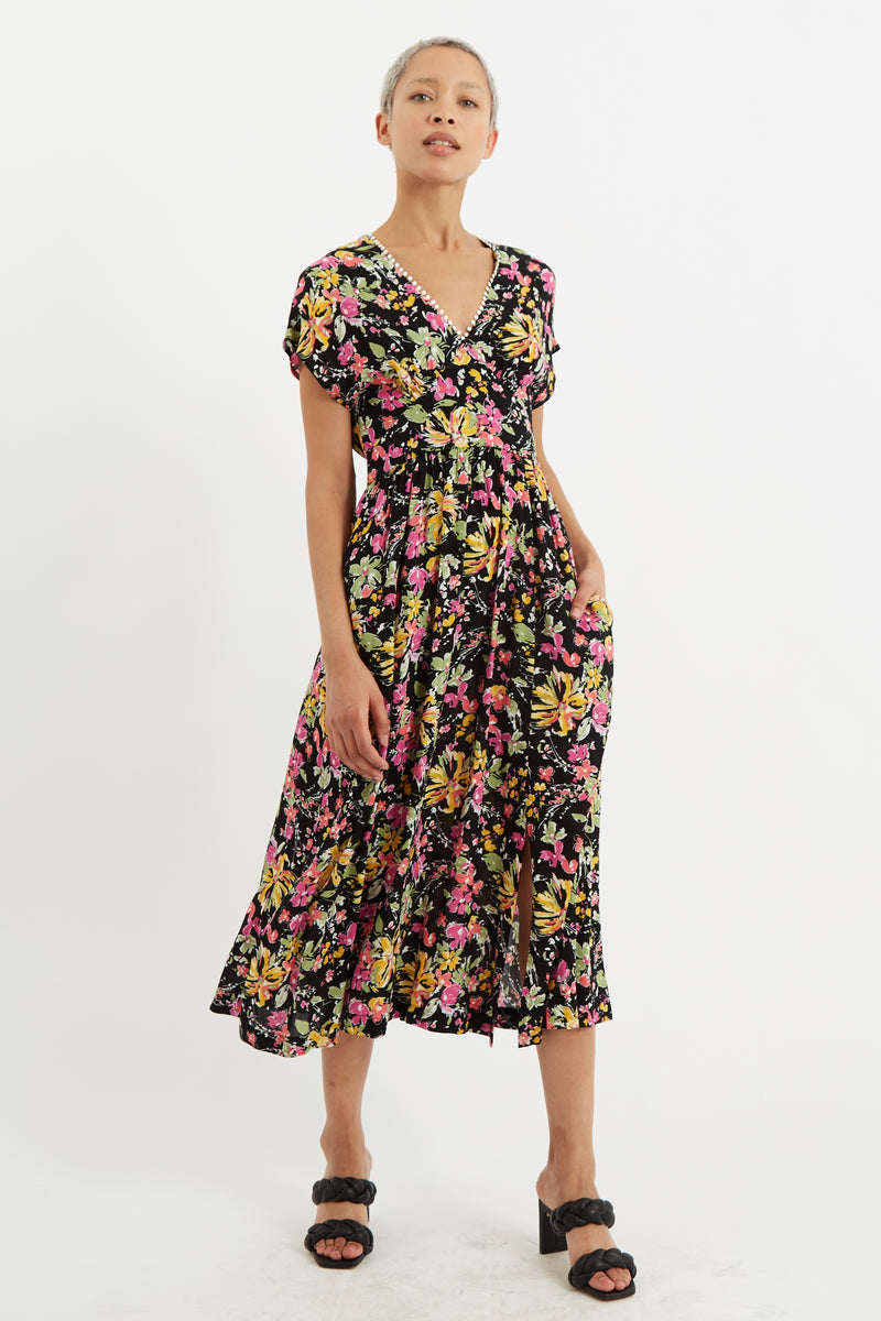 Unity Flower Burst V-Neck Midi Dress - Front