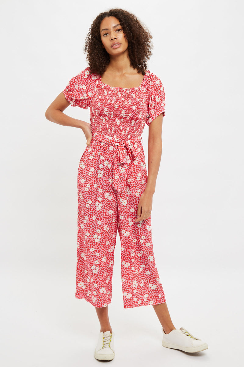 Louche Ziba Roaring Daisy Print Shirred Bodice Cropped Jumpsuit - Front